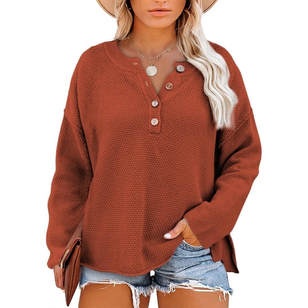 Plus Size Sweater Womens Long Sleeve V Neck Button Pullover Knit Top